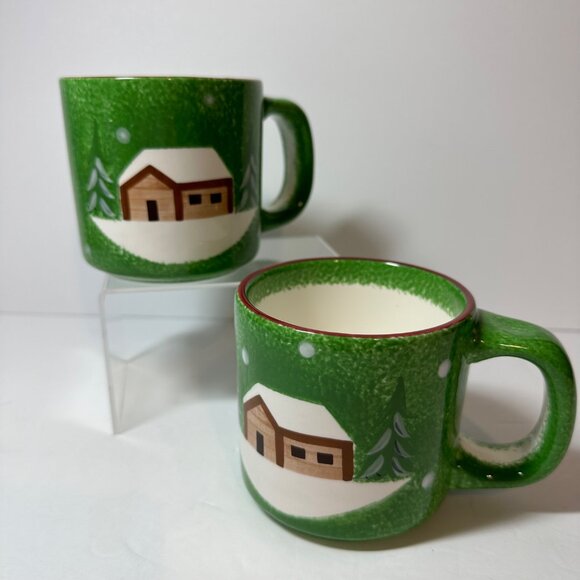 Macy's Other - Set of 2 Vintage Macy's The Cellar Christmas Log Cabin Mugs 3.5" Tall